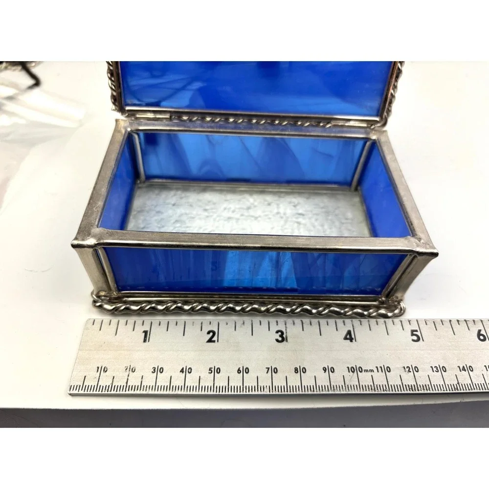 Vintage Blue Slag Glass Jewelry Trinket Box Silver Tone‎ Hinged Lid